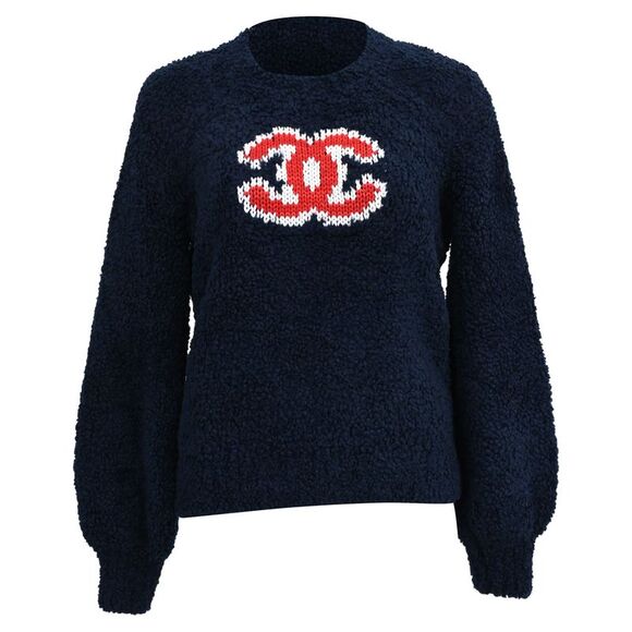CHANEL Sweaters - Chanel CC Embroidered Sheared Sweater in Navy Blue Wool